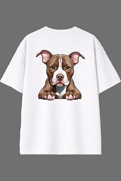 VSRN تي شيرت أبيض كبير الحجم بتصميم جرو كلب وطباعة خلفية