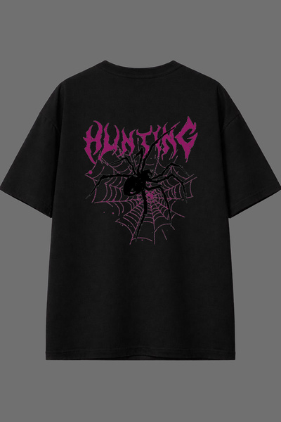VSRN Tricou negru oversize cu imprimeu pe spate Spider Hunter Design
