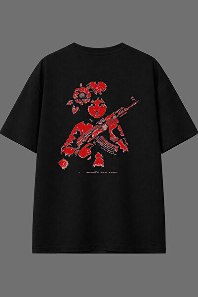 VSRN Tricou negru oversize cu imprimeu pe spate, design Fata cu pistol