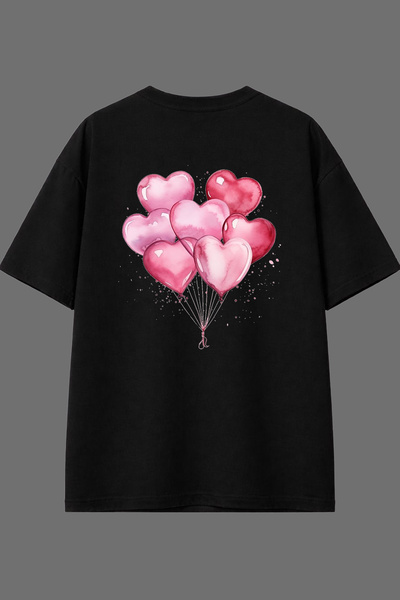 VSRN تي شيرت أسود كبير الحجم بتصميم بالونات على شكل قلب مع طباعة على الظهر