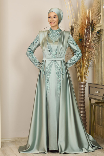 PİENNAR Miranda Evening Dress with Draped Front and Beaded Tail, Islamic Even...