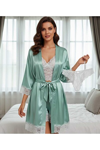 ihaoo 4 Piece Satin Pajama Set – Robe, Top, Shorts and Lace Panties