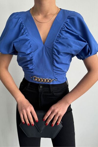 TOPSHOW Short V-neck blouse with chain - Made in Turkey - Blue
