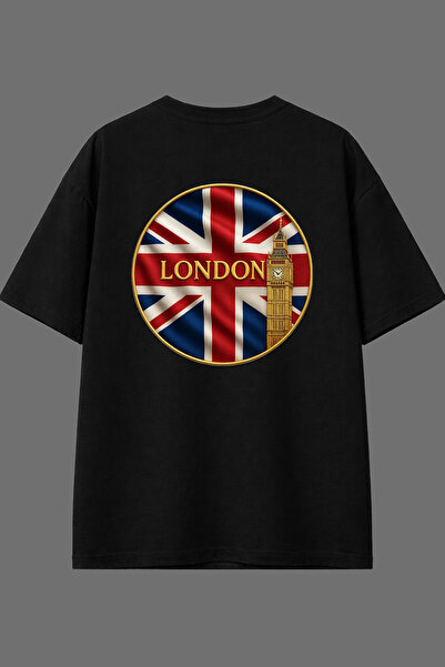 VSRN تي شيرت أسود كبير الحجم بتصميم علم لندن مطبوع من الخلف