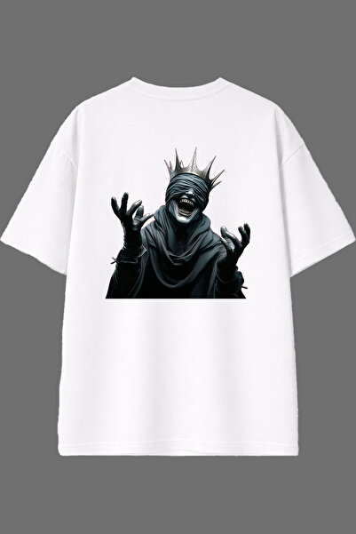 VSRN تي شيرت أبيض كبير الحجم بتصميم تاج مونستر مطبوع من الخلف