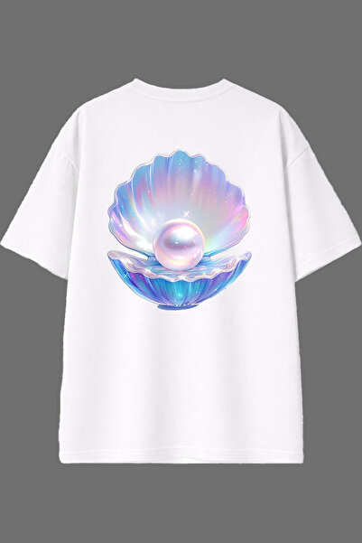 VSRN Tricou oversize alb cu imprimeu pe spate, design Pearl Shell