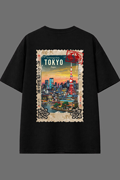 VSRN Tricou negru oversize cu imprimeu pe spate, design Tokyo Japonia