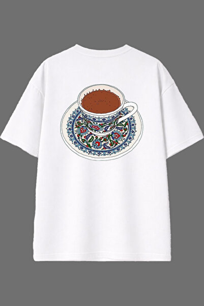 VSRN تي شيرت أبيض كبير الحجم بتصميم القهوة التركية وطباعة خلفية