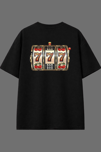 VSRN تي شيرت أسود كبير الحجم بتصميم ماكينة القمار مطبوع من الخلف