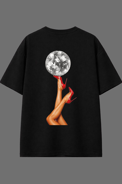 VSRN تي شيرت أسود كبير الحجم بتصميم كرة الديسكو وطباعة خلفية