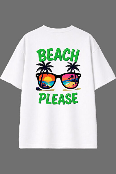 VSRN Tricou supradimensionat alb cu imprimeu pe spate Beach Please Design