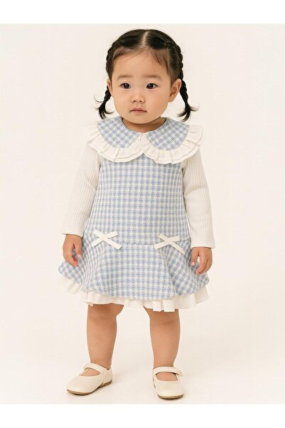 Cocoland Dantel Yaka Fiyon Detaylı 6-18 Ay Elbise - Mavi 9-12 Ay