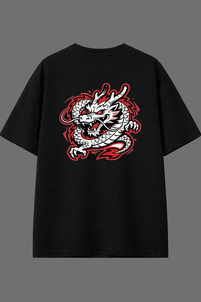VSRN Tricou oversize negru cu imprimeu pe spate cu design Flaming Dragon