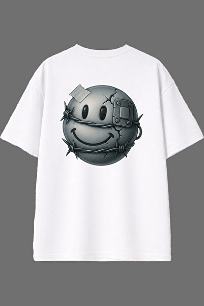 VSRN تي شيرت أبيض كبير الحجم بتصميم إيموجي مطبوع من الخلف