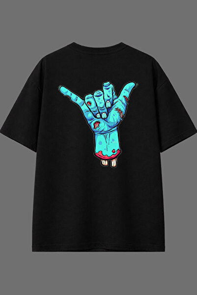 VSRN Tricou oversize negru cu imprimeu pe spate și design cool cu gesturi ale...