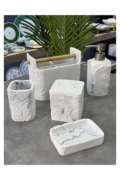 Doğudeko Luxury Polyurethane Elya 5-Piece Bathroom Set White