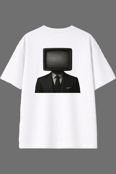 VSRN تي شيرت أبيض كبير الحجم بتصميم تلفزيون آدم مطبوع من الخلف