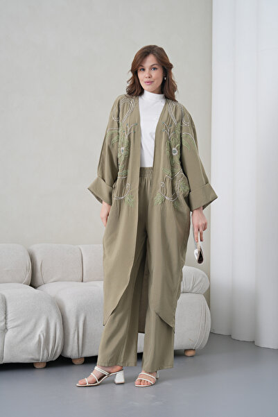 Miss Allos Women's Front Embroidered Beaded Linen Kimono Cardigan and Pants T...