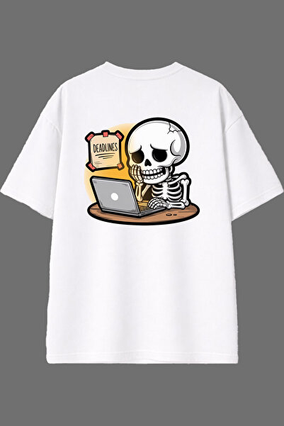 VSRN Μπλουζάκι με σχέδιο Skeleton Afraid, με στάμπα στην πλάτη, λευκό, oversized