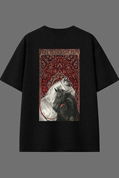 VSRN تي شيرت أسود كبير الحجم بتصميم الحصان والتصميم العرقي مع طباعة خلفية