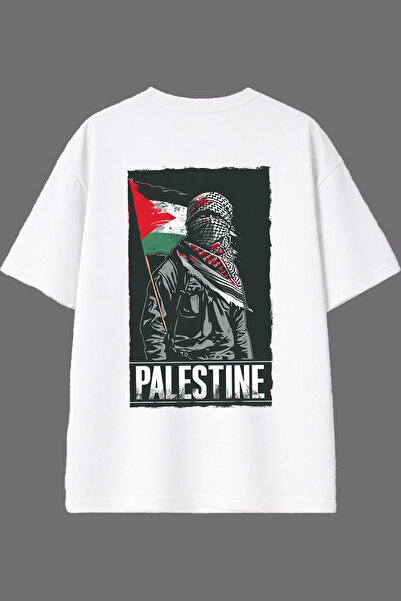 VSRN تي شيرت أبيض كبير الحجم بتصميم فلسطيني مطبوع من الخلف