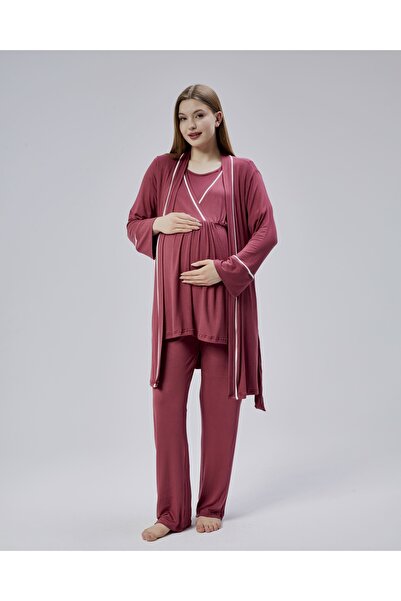 Rimel Homewear Kadın Bordo Hamile ve Lohusa 3'lü Pijama Sabahlık Seti - Emzir...