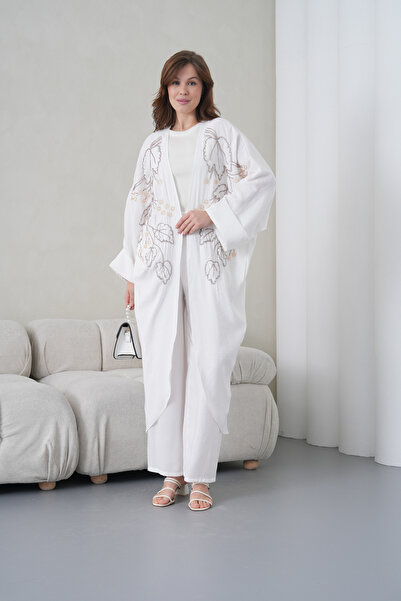 Miss Allos Women's Front Embroidered Beaded Linen Kimono Cardigan and Pants T...