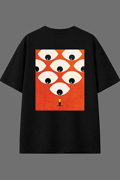 VSRN 1 Design Back Printed Black Oversize T-Shirt with Eyes on the Top