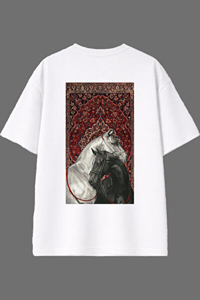 VSRN Horse and Ethnic Design Back Printed White Oversize T-Shirt
