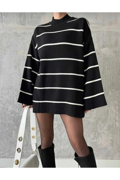 MetuCA Women's Black and White Striped Half Turtleneck Oversize Long Knitwear...
