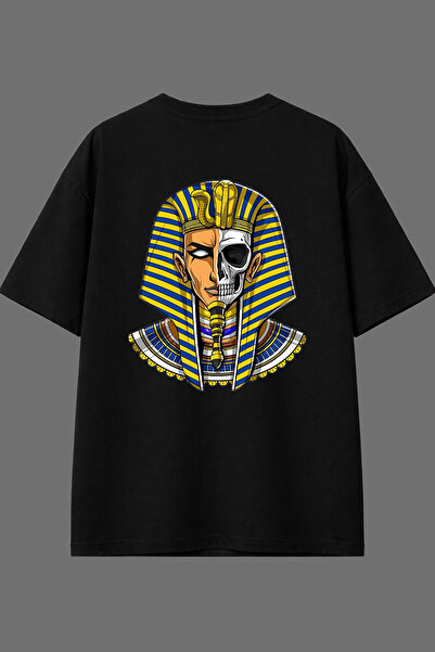 VSRN تي شيرت أسود كبير الحجم بتصميم هيكل عظمي مصري وطباعة خلفية
