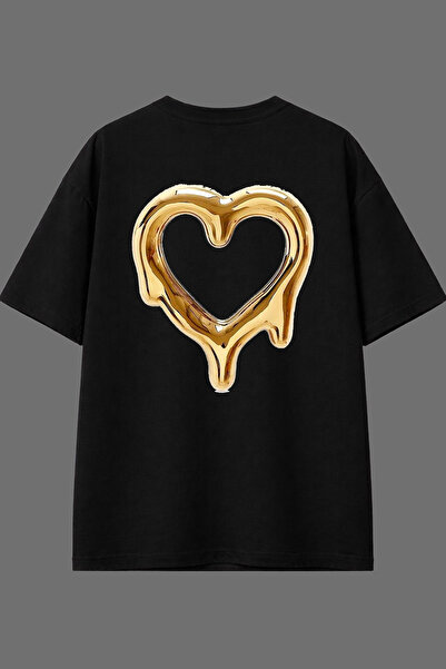 VSRN تي شيرت أسود كبير الحجم بتصميم قلب ذهبي مطبوع من الخلف