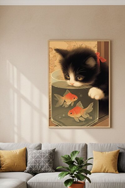 Bolvyra Kedi ve Japon Balığı Dekoratif Poster – İllüstrasyon Duvar Dekoru, Sa...