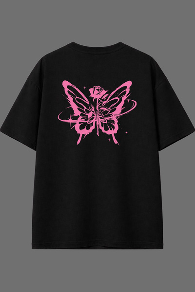 VSRN تي شيرت أسود كبير الحجم بتصميم فراشة مع ورود وردية مطبوعة من الخلف