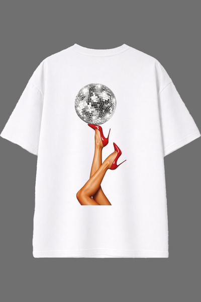 VSRN تي شيرت أبيض كبير الحجم بتصميم كرة الديسكو وطباعة خلفية