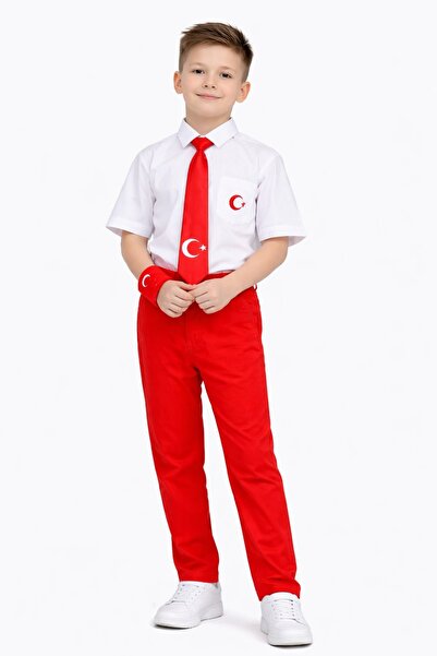 Nacar Erkek Çocuk 23 Nisan 29 Ekim Gösteri Kısa Kol Gömlek&Pantolon&Askı ve K...