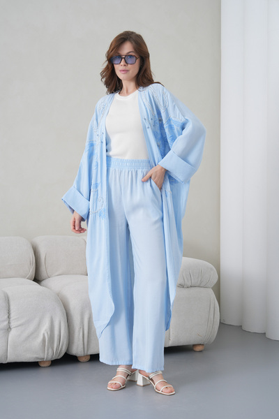 Miss Allos Women's Front Embroidered Beaded Linen Kimono Cardigan and Pants T...