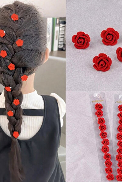 Bi Toka Kids Store Gül Kırmızı Kadife 10lu Charm Saç Örgü Küpesi