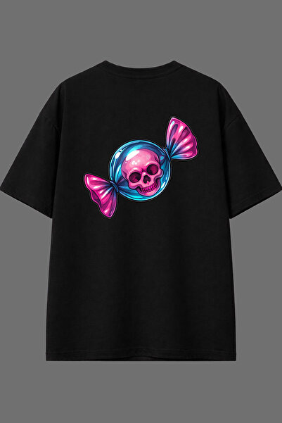 VSRN Tricou negru oversize cu imprimeu pe spate Death Candy Design