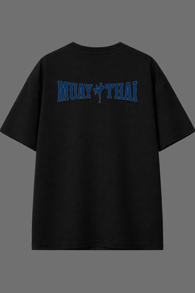VSRN Tricou oversize negru cu imprimeu în spate, design Muay Thai, albastru m...