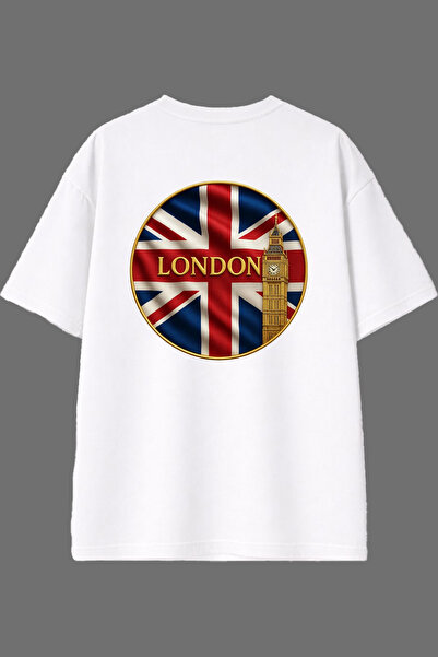 VSRN تي شيرت أبيض كبير الحجم بتصميم علم لندن مطبوع من الخلف