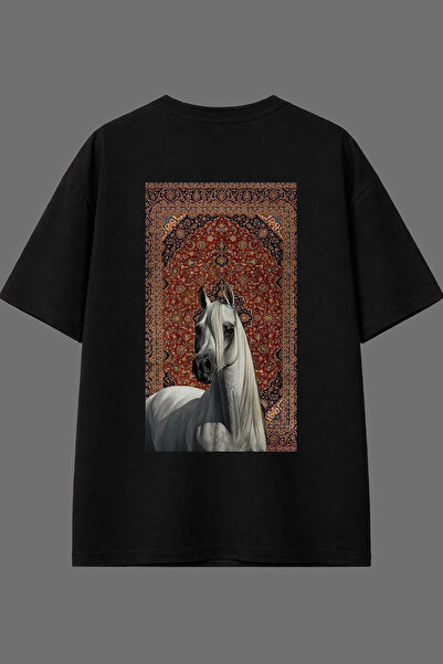 VSRN تي شيرت أسود كبير الحجم بتصميم حصان مطبوع من الخلف من Etnik Halı