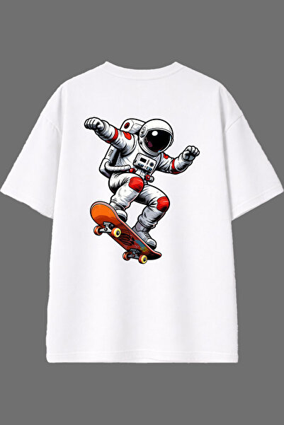 VSRN Tricou supradimensionat alb cu imprimeu pe spate Skateboarder Astronaut ...