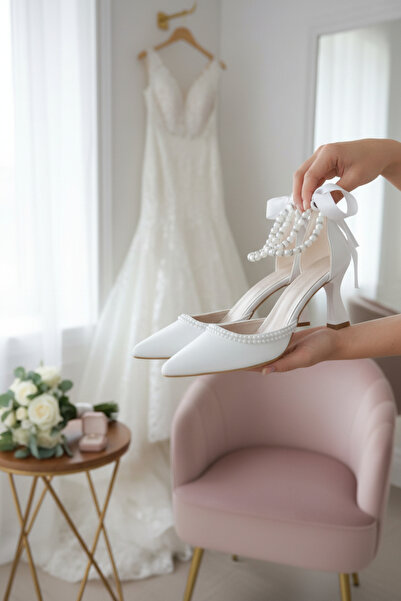 Famels Low Heel Shoes with Pearls on the Ankle and Front, White Skin with Pea...