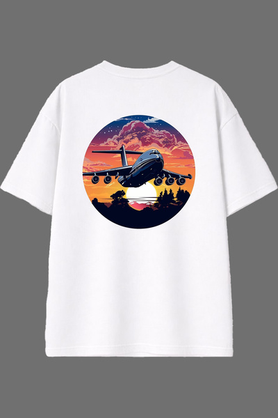 VSRN تي شيرت أبيض كبير الحجم بتصميم طائرة وطباعة خلفية