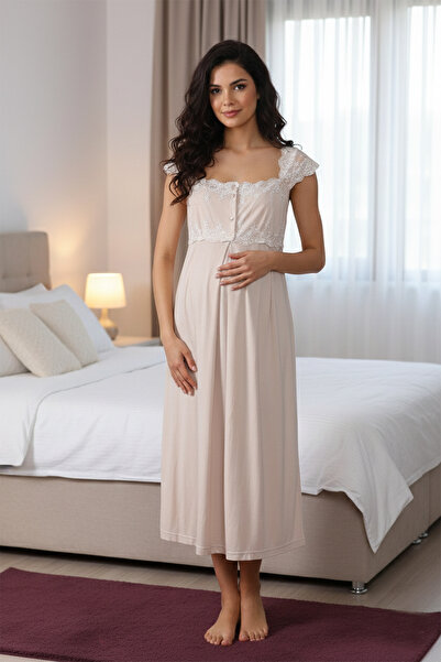 lohusahamile Lace Detailed Summer 100% Cotton Maternity Nightgown