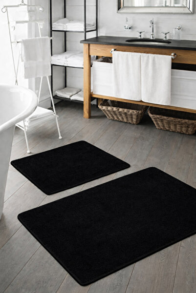 Sarar Plush Washable Black Non-Slip Base 2-Piece Bath Mat Set (50X80 50X40)