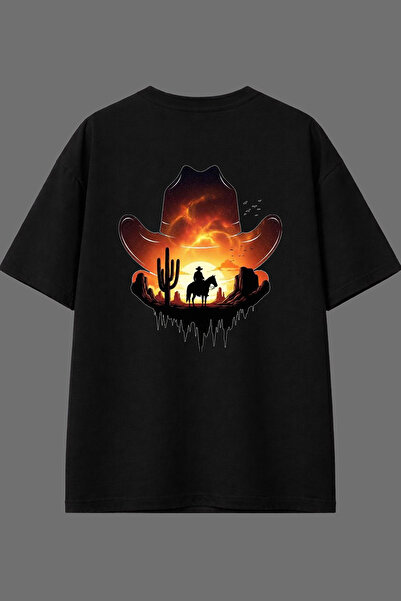 VSRN Cowboy Hat Design Back Printed Black Oversize T-Shirt