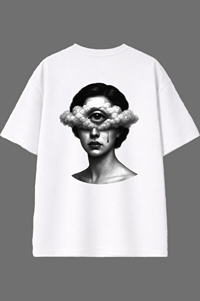 VSRN Tricou oversize alb cu imprimeu la spate, design pentru femei, cu un sin...