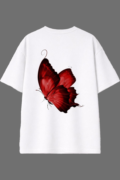 VSRN Tricou oversize alb cu imprimeu la spate cu design Fluture Roșu